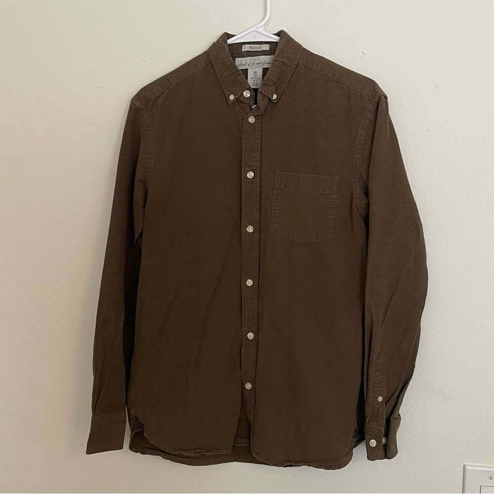 H&M Mens Button Up Down Dress Regular Fit Oxford Shirt Green Brown Collared